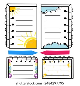 Set of cute paper notes, cool design for daily planner, hand drawn notebook, reminder, to do list, elements vector set.