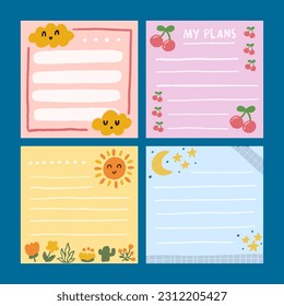 Set of cute paper notes illustration isolated on white background. Kawaii boards for reminders, schedule, to do list, planner and deadline.