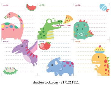 Set of cute paper notes for print fit to A4 paper. Cute dinosaur paper notes. 
