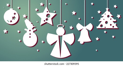 Set of cute paper shapes with shadow for Christmas decorations: angel, Christmas tree, ball, bell, star