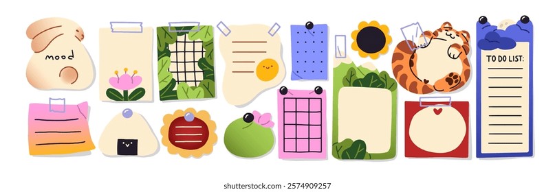 Set of cute paper stickers on the wall. Reminders, memos with pins, tape. Different posts, sticky notes, checklists, to do lists on notepaper. Flat isolated vector illustrations on white background