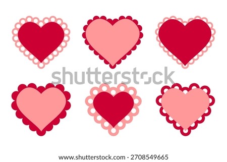 Set of cute paper or textile red heart shapes with scalloped borders. Templates of Valentine Day cards or patches with ruffles isolated on white background. Vector flat illustration.
