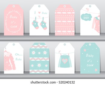 Juego de etiquetas de papel tierno, ropa de invierno, ropa de bebé, ilustraciones vectoriales