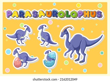 Set of cute parasaurolophus dinosaur cartoon characters illustration