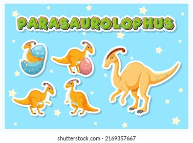 Set of cute parasaurolophus dinosaur cartoon characters illustration