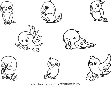 set of cute parrot birds vector line art vector