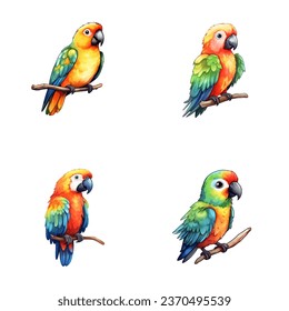 conjunto de ilustraciones de acuarela de loro lindo para imprimir en ropa de bebé, pegatinas, postales, duchas de bebé, juegos y libros, vectores de animales de la jungla de safari