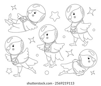 Set of cute parrots astronaut in spacesuit good for coloring page. Hand drawn illustration of a cartoon character of an astronaut.