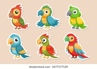 Set of cute parrots, children's stickers collection. Cute cartoon macaw birds. Illustration, print for children