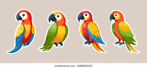 Set of cute parrots, children's stickers collection. Cute cartoon macaw birds. Illustration, print for children