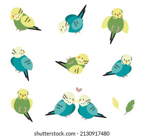 Juego de loros bonitos en diferentes poses. Iconos planos. Ilustración vectorial.