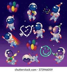 Set of cute party astronauts in space, having fun and celebrating. Isolated images.