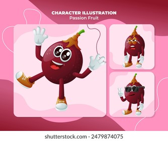 Conjunto de personajes lindos de fruta de la pasión con caras de emoticonos. Perfecto para niños, Mercancía y pegatina, promoción de Anuncio o blog
