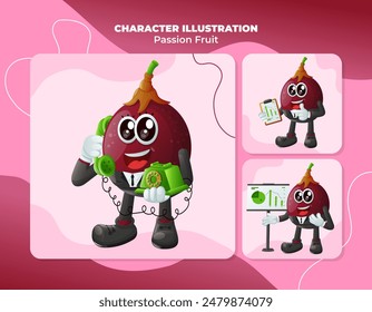 Set of cute passion fruit characters at work. Perfect for kids, merchandise and sticker, banner promotion or blog
