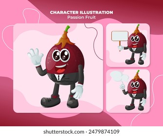 Set of cute passion fruit characters in advertising. Perfect for kids, merchandise and sticker, banner promotion or blog
