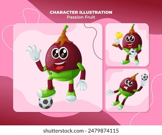 Set of cute passion fruit characters playing soccer. Perfect for kids, merchandise and sticker, banner promotion or blog
