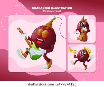 Set of cute passion fruit characters playing musical instruments. Perfect for kids, merchandise and sticker
