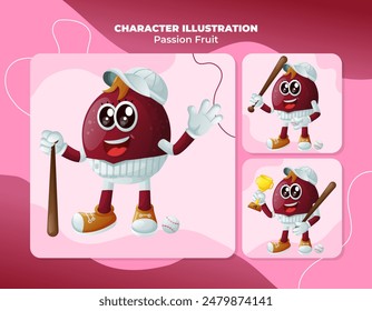 Set of cute passion fruit characters playing baseball. Perfect for kids, merchandise and sticker, banner promotion or blog
