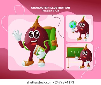 Set of cute passion fruit characters in education. Perfect for kids, merchandise and sticker, banner promotion or blog
