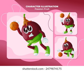 Set of cute passion fruit characters playing basketball. Perfect for kids, merchandise and sticker, banner promotion or blog
