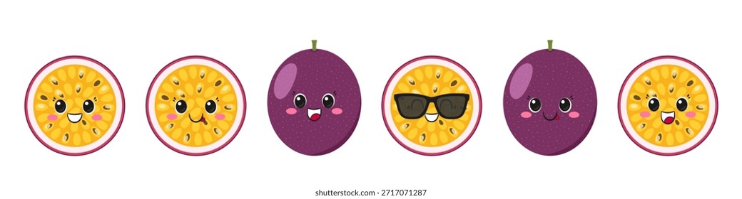 Set linda fruta de la pasión, personaje de dibujos animados divertido, fruta tropical exótica, ojos grandes, cara sonriente feliz, emociones alegría deleite, estilo kawaii, Ilustración vectorial de iconos.