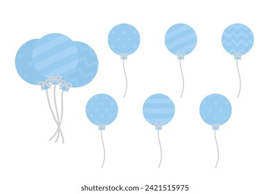 Set of cute pastel blue patterned round balloons illustration. Baby and kids party decoration.