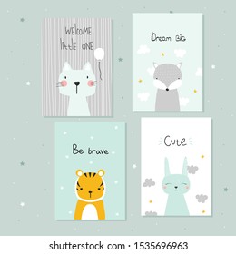 Set of cute pastel cards for baby. Vector hand drawn illustration.