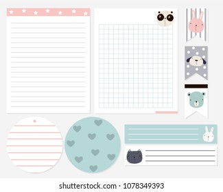 Set of cute pastel cards, notepads, stickers with cartoon animals. Vector hand drawn illustration.