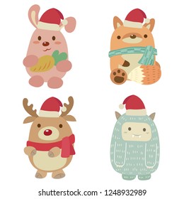 Set of cute pastel christmas vector cartoon including bunny, fox, reindeer, and yeti isolated on white background. 