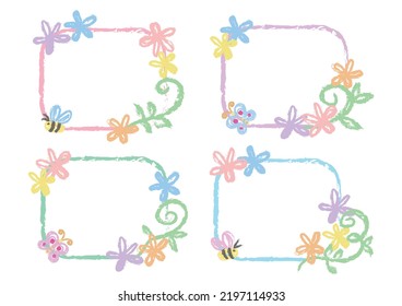 Set of cute pastel crayon drawing frames. Set of cute pastel flowers frame.