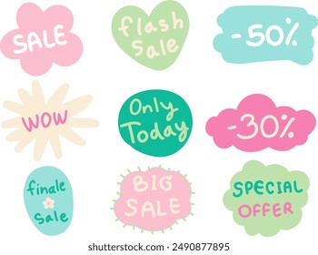 set of cute pastel doodle labels with text about sale