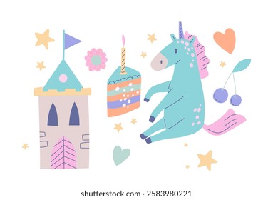 Set of cute pastel doodles. Adorable nursery stickers with princess castle, unicorn and sweet cake. Magical Elements of Fantasy World. Flat vector illustration collection isolated on background