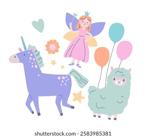 Set of cute pastel doodles. Adorable stickers with fairy, alpaca, balloons and unicorn. Magical Elements of Fantasy World or Fairy Tales. Flat vector illustration collection isolated on background