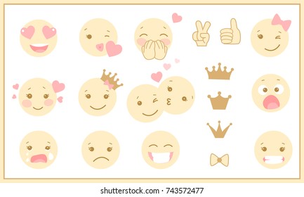Set of cute pastel emoticons. Pictures for baby shower or birthday party. 