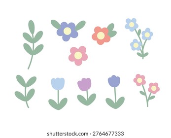 Set of cute pastel flat color doodle flowers and tulips and leaves for kids in kindergarten and preschool isolated on a white background. Spring floral sticker collection for Easter or summer. Vector illustration EPS 10.

