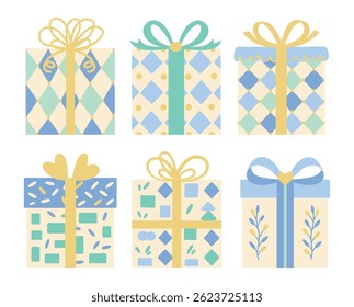 Set of cute pastel gift boxes with bows and geometric patterns in flat style