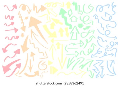 Set of cute pastel Hand Drawn abstract arrows calligraphic brush and chalk design style. Sketch elements. Arrow lines, directional, curling arrow Collection of doodle elements. Vector Illustration.