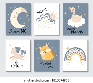Set of cute pastel inspirational cartoon posters with the Moon, Owl, Sweet Dreams with bird, Be Unique with galloping horse, Hello with sun behind cloud and Sweet Baby, colored vector illustration