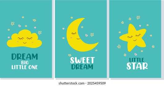 Set of cute pastel inspirational cartoon posters with the Moon, rainbow, Sleep well good night Hello with stars cloud heart, colored vector illustration, crayon pink yellow cream

