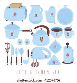 Set of cute pastel kitchen utensil and collection of cookware icons, cooking tools and kitchenware equipment. Hand drawn kitchenware on white background