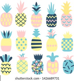 Set of cute pastel pineapples with different texture. Creative stylish printable with hand drawn geometric pineapple. Vector illustration