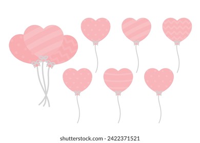 Set of cute pastel pink heart shaped balloons illustration. Baby and kids party decoration.