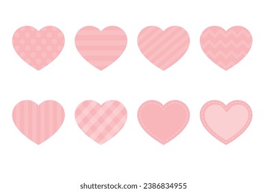 Set von süßen pastellrosa gemusterten Herzsymbolen. Flache Vektorgrafik.