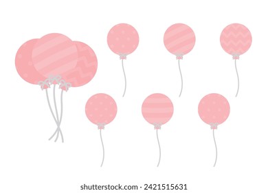 Set of cute pastel pink patterned round balloons illustration. Baby and kids party decoration.
