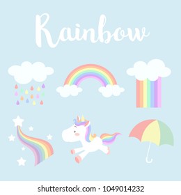 Set of cute pastel rainbow vector illustration; rainbow, cloud, unicorn, rain and umbrella
