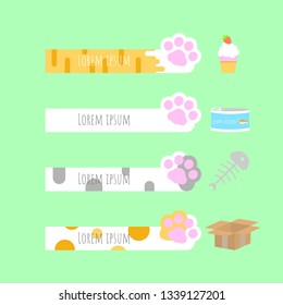 Set of cute pastel text box, speech bubble, balloon, talk, think, template,flat,design,vector,illustration banner frame with animal pet cat paw footprint, fish bone, box, cake, and cat food can