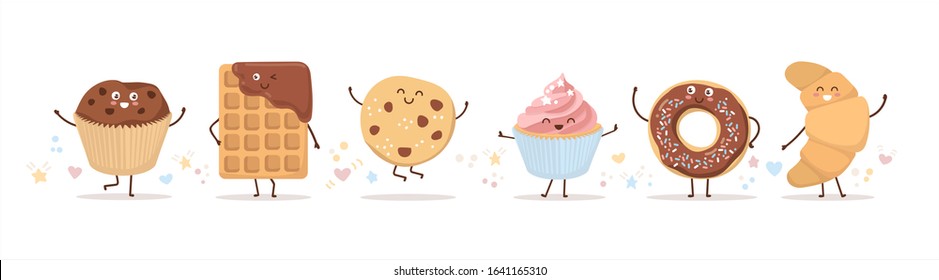 Set of cute pastry characters in trendy Kawaii style. Choco waffle, cookie, donut, muffin, and cupcake. Happy baked foods with doodle stars and hearts. Banner, card, poster design for bakery and cafe.