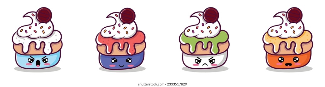 Juego de personajes dulces en el moderno estilo Kawaii. Comidas felices al horno con estrellas y corazones de doodle. Pancarta, tarjeta, diseño de afiches para panadería y café
