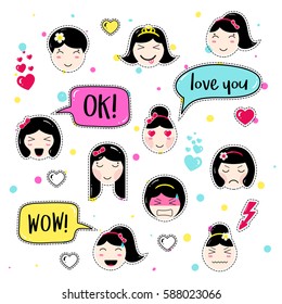 Set of cute patch badges. Girl emoji with different emotions and hairstyles. Kawaii emoticons, speech bubbles: ok, love you, wow. Set of stickers, pins in anime style. Isolated vector illustration.