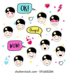 Set of cute patch badges.  Girl emoji with different emotions and hairstyles. Kawaii emoticons, speech bubbles: ok, ooops, wow. Set of stickers, pins in anime style. Isolated vector illustration.